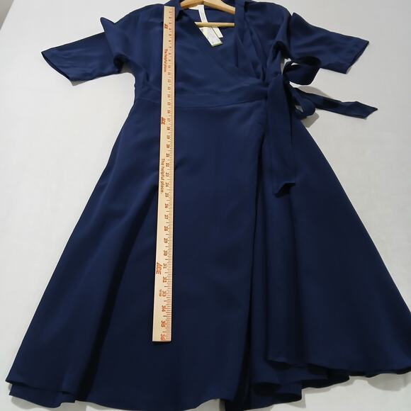 LILYSILK Dress Womens Small Navy Blue Silk Front Tie Wrap Midi Elbow Sleeve NWT - Picture 14 of 16